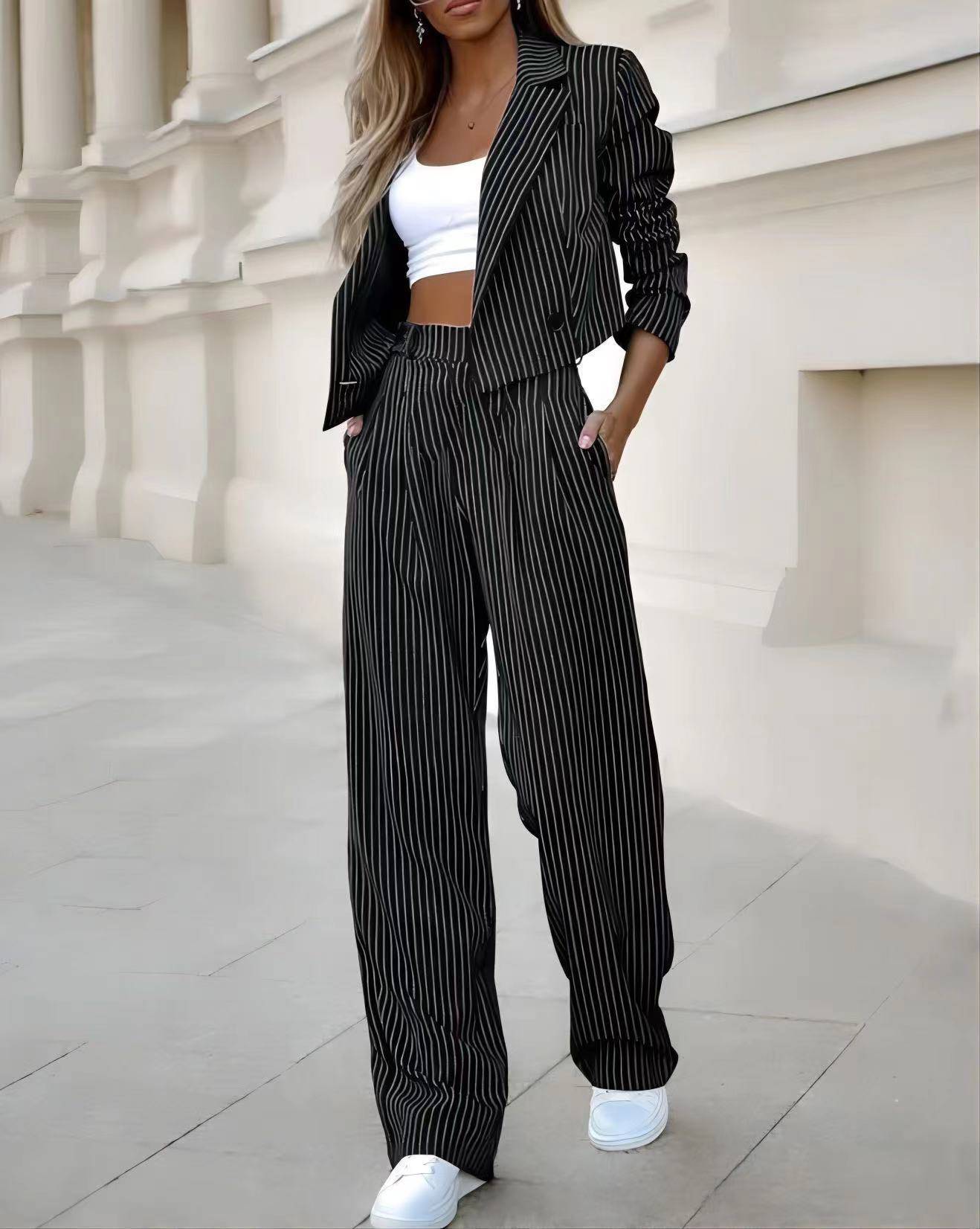 Fashion Striped Suit – Casual Lapel Cropped Top & Straight Pants Set for Women - All Inclusive Family Treasures