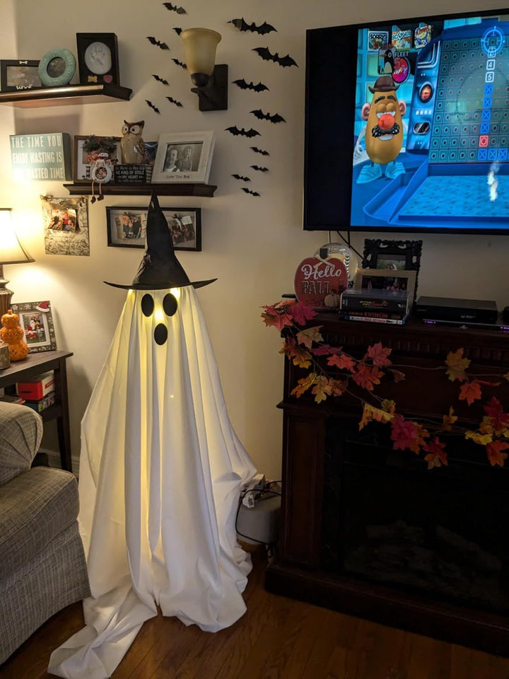 Glowing Ghost with Witch Hat – Spooky Halloween Yard & Porch Decoration
