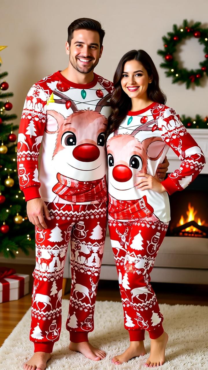 Festive Family Christmas Pajama Set - Matching Reindeer Print Home Wear for Parent and Child