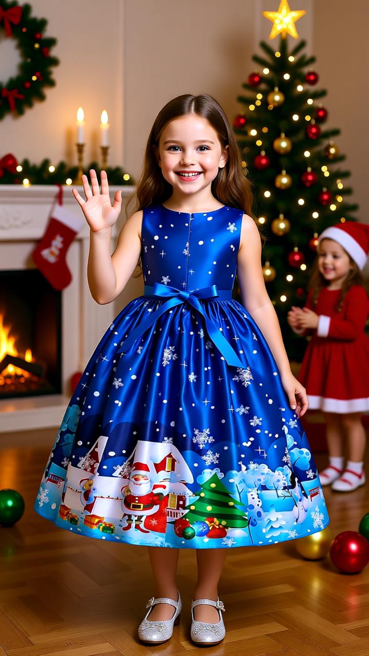 Santa Claus Print Long Dress for Girls - Holiday Charm in Every Detail