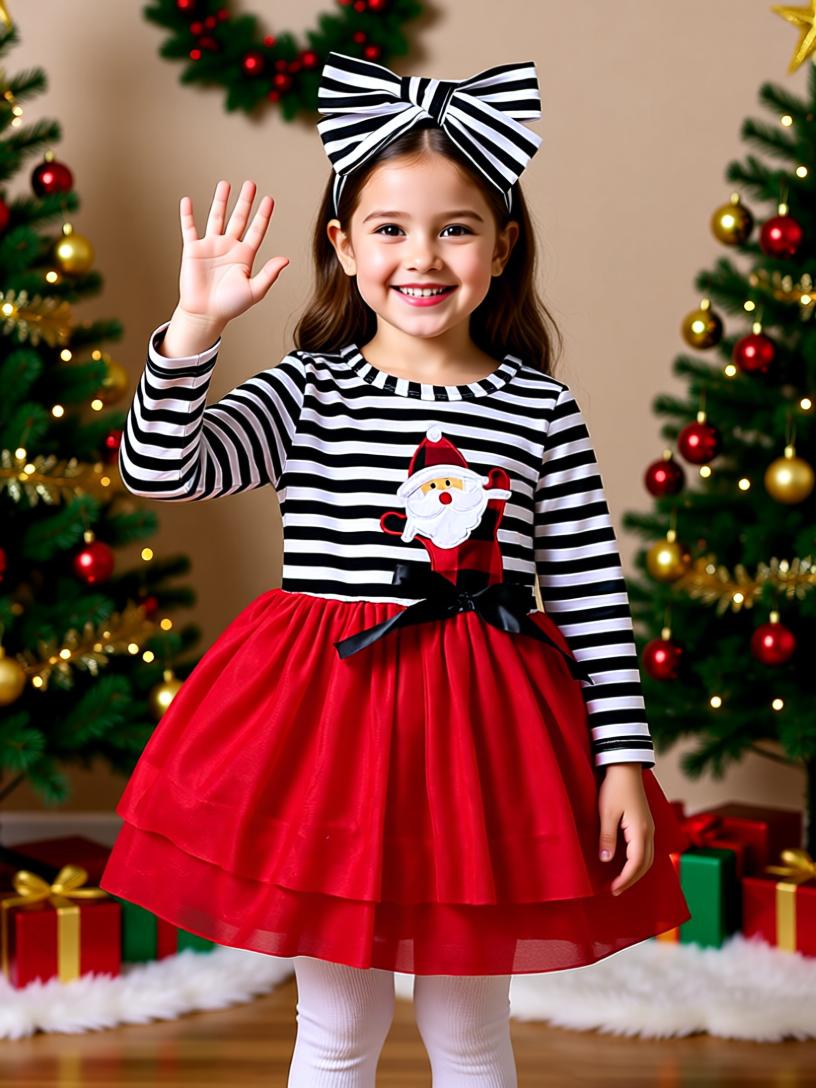 Adorable Santa Claus Striped Dress with Bow - Perfect for Holiday Fun!