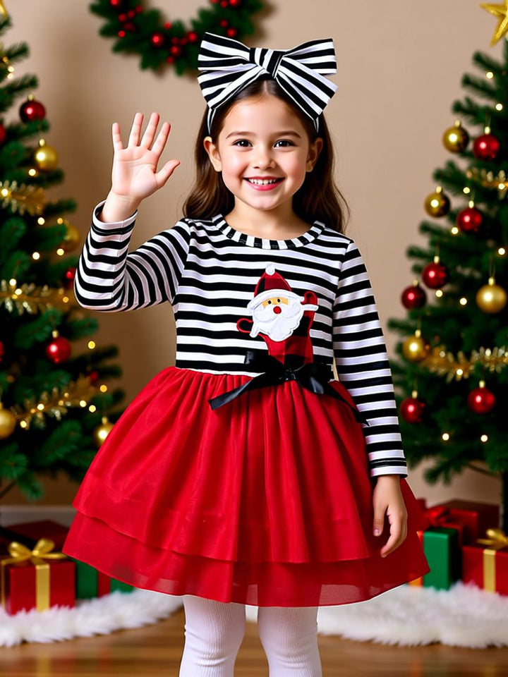 Adorable Santa Claus Striped Dress with Bow - Perfect for Holiday Fun!