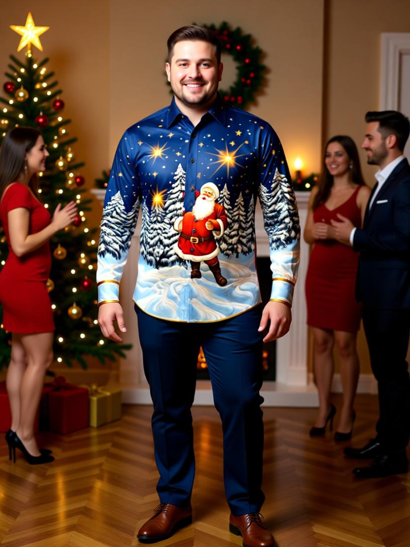 Santa Claus 3D Printed Christmas Shirt - Festive Digital Print Long Sleeve