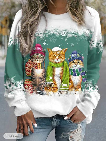 Cross-border Women's Christmas New Snowman And Cat Printed Long Sleeve Casual Loose-fitting T-shirt - All Inclusive Family Treasures