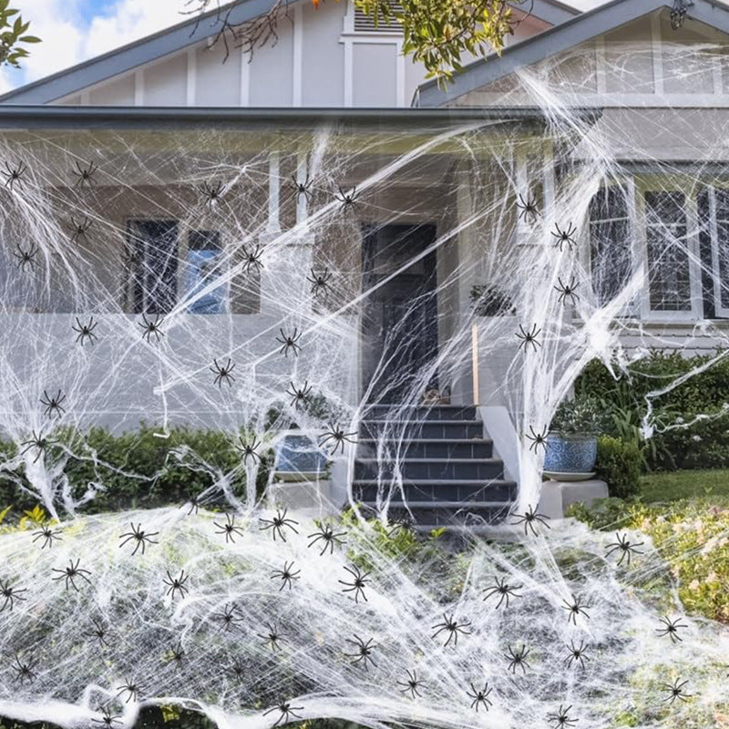 Realistic Halloween Spider Web with Creepy Crawling Spiders – Haunted House Décor