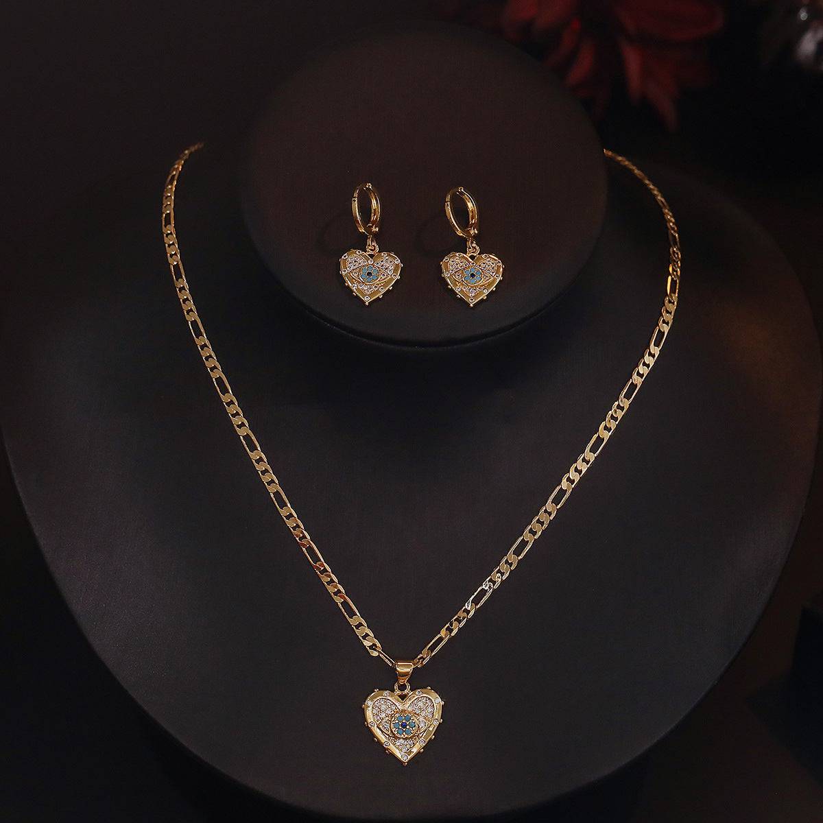 Heart-Shaped Zircon Pendant Necklace and Earrings Set – Copper Plated with Real Gold Finish for a Timeless, Elegant Look - All Inclusive Family Treasures