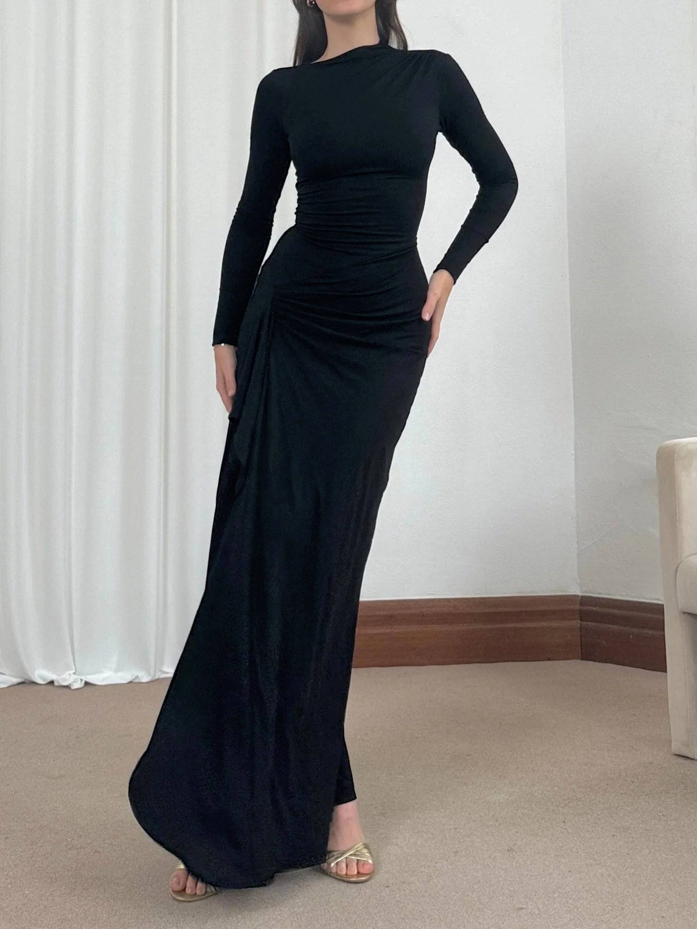 Asymmetric Elegance: Slim-Fitting Long-Sleeved Split Dress - All Inclusive Family Treasures