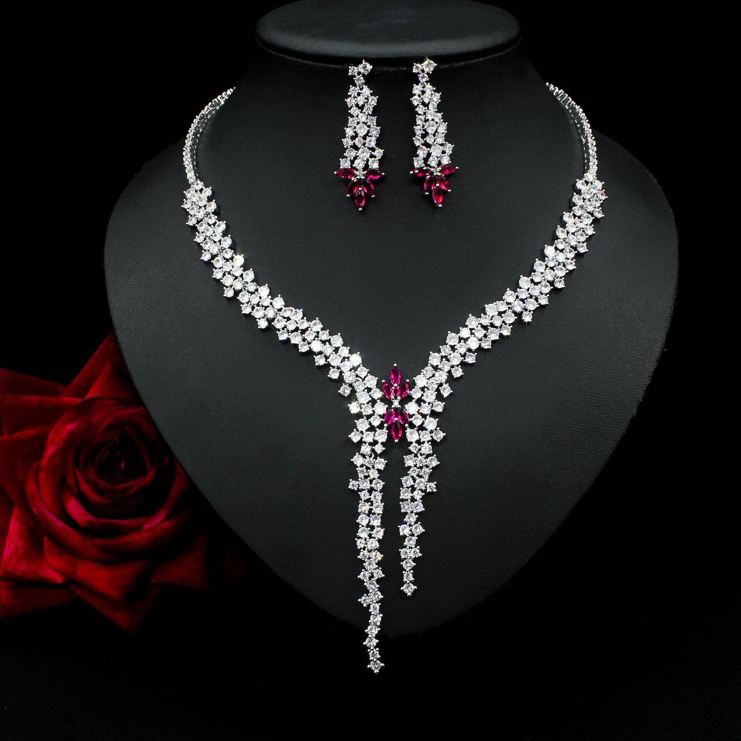 Exquisite Zircon Inlaid Necklace & Earrings Set – Dazzling Jewelry for Special Occasions - All Inclusive Family Treasures