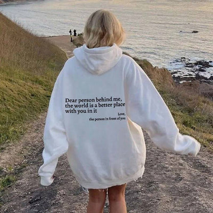 "Dear Person Behind Me" Letter Printed Plush Hoodie | Trendy Unisex Kangaroo Pocket Hoodie - All Inclusive Family Treasures