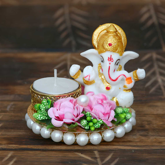 Lord Ganesha Idol with Decorative Plate & Tea Light Holder – Perfect for Festive Décor & Gifting - All Inclusive Family Treasures