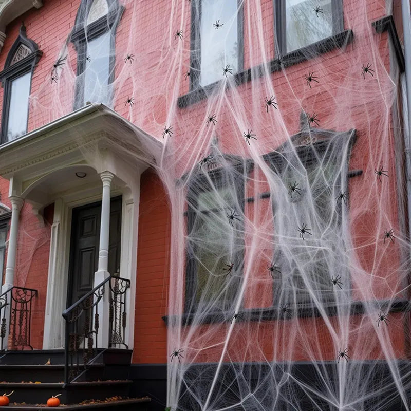 Realistic Halloween Spider Web with Creepy Crawling Spiders – Haunted House Décor