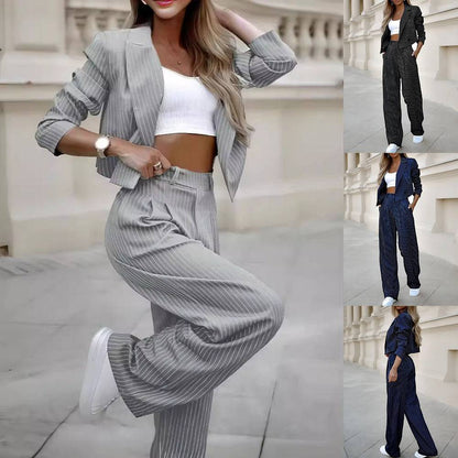 Fashion Striped Suit – Casual Lapel Cropped Top & Straight Pants Set for Women - All Inclusive Family Treasures