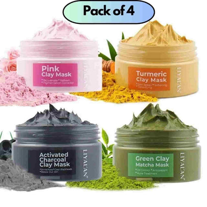 Glow Quartet: Pink, Turmeric, Activated Charcoal & Green Matcha Face Clay Mask Set (Pack of 4, 50g Each) - All Inclusive Family Treasures