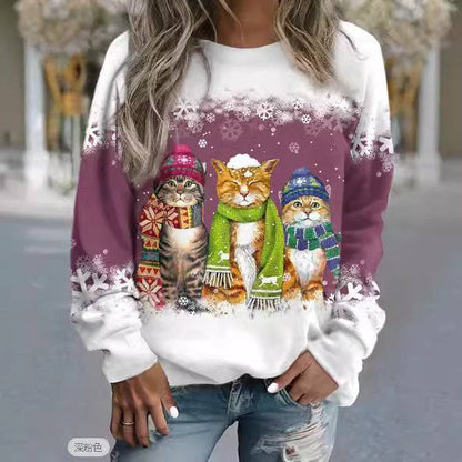 Cross-border Women's Christmas New Snowman And Cat Printed Long Sleeve Casual Loose-fitting T-shirt - All Inclusive Family Treasures