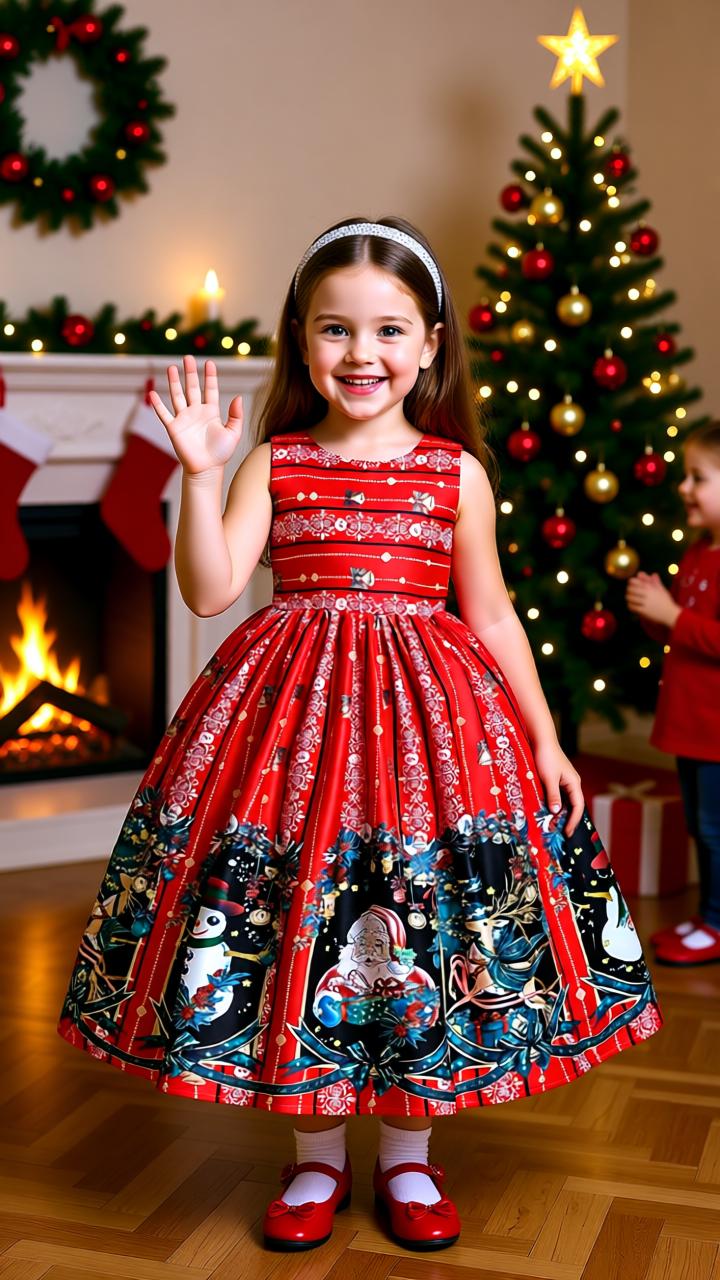Santa Claus Print Long Dress for Girls - Holiday Charm in Every Detail
