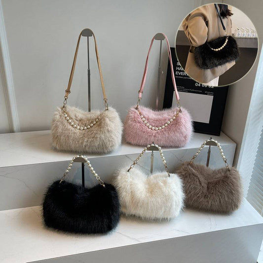 Plush Pearl Chain Shoulder Bag – Chic & Versatile for Autumn and Winter - All Inclusive Family Treasures