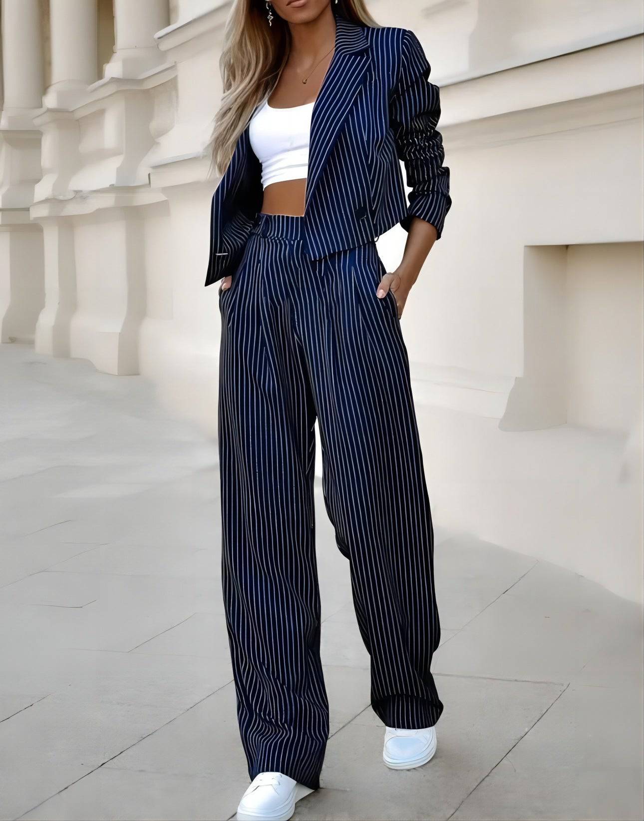 Fashion Striped Suit – Casual Lapel Cropped Top & Straight Pants Set for Women - All Inclusive Family Treasures