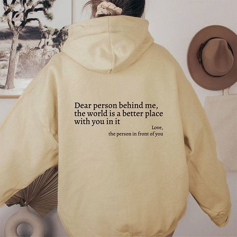 "Dear Person Behind Me" Letter Printed Plush Hoodie | Trendy Unisex Kangaroo Pocket Hoodie - All Inclusive Family Treasures