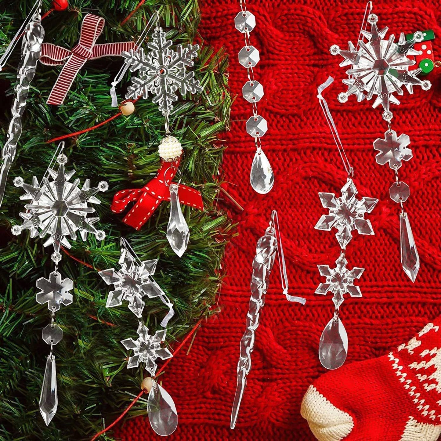 Acrylic Snowflake & Icicle Christmas Tree Ornaments – Set of 10 Elegant Hanging Pendants - All Inclusive Family Treasures