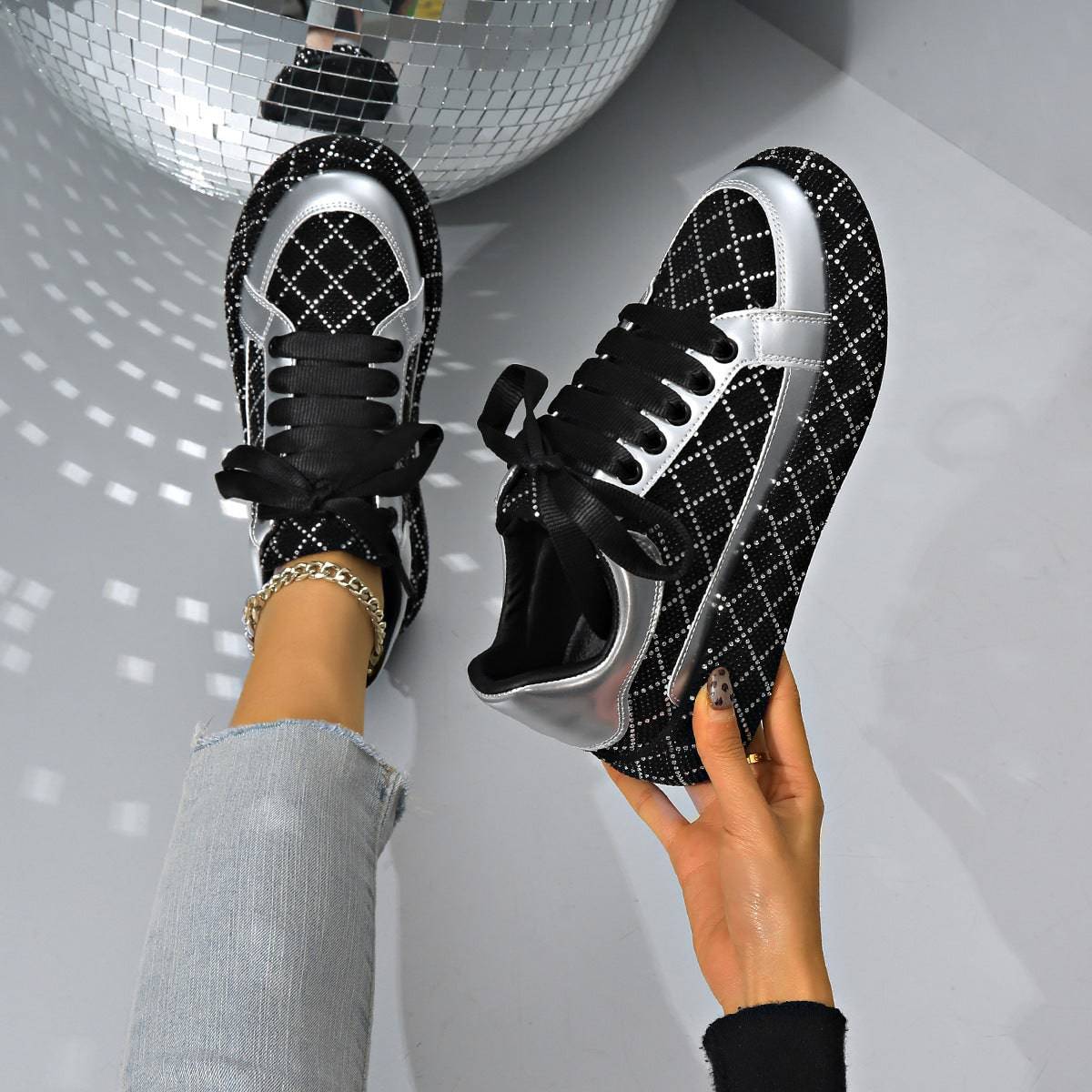 ShimmerStride Rhinestone Lace-Up Sneakers - All Inclusive Family Treasures