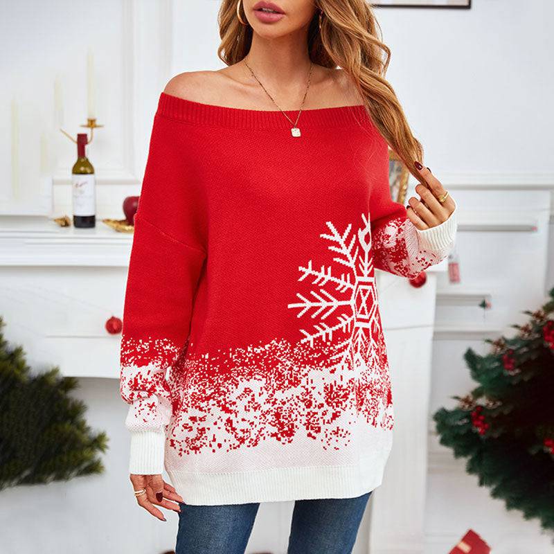 Chic Snowflake Off-Shoulder Christmas Sweater – Embrace Cozy Elegance! - All Inclusive Family Treasures