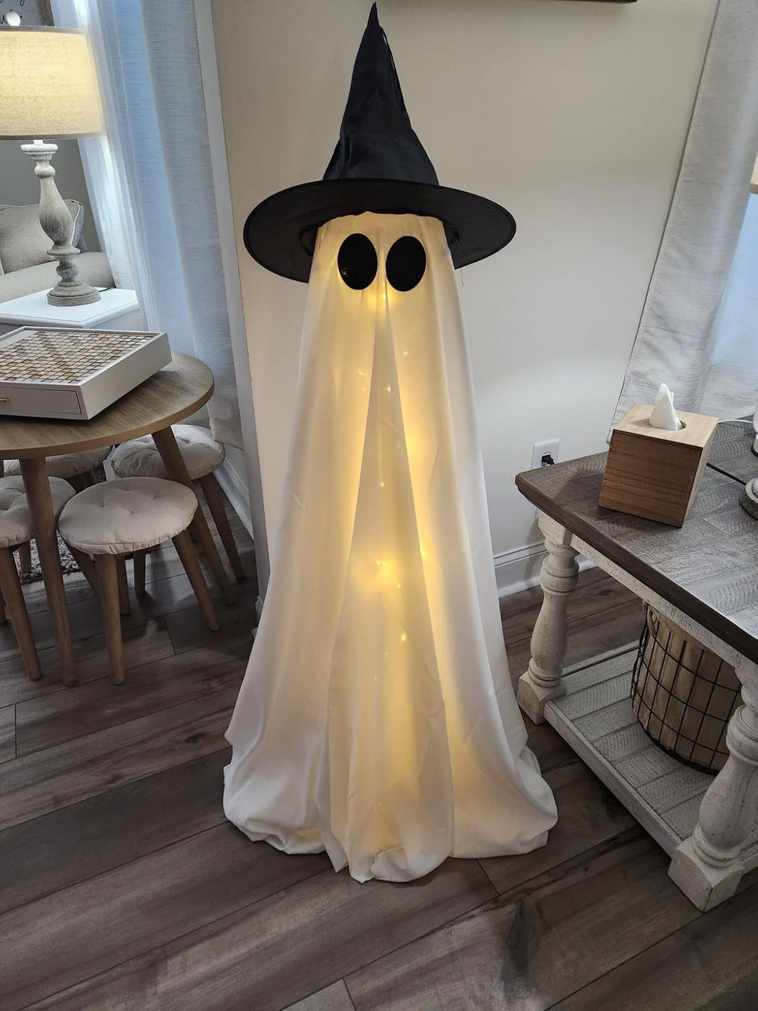 Glowing Ghost with Witch Hat – Spooky Halloween Yard & Porch Decoration
