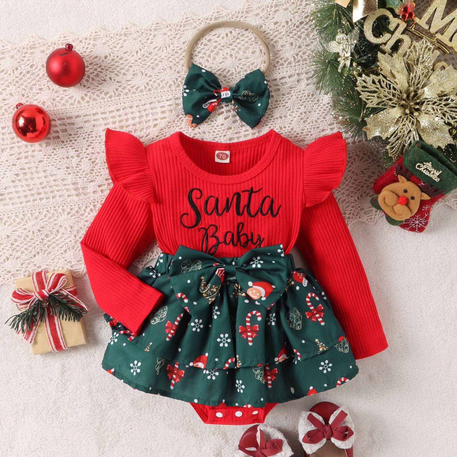 Baby Girls' Santa Baby Romper with Festive Skirt and Bow Headband - Adorable Christmas Outfit - All Inclusive Family Treasures