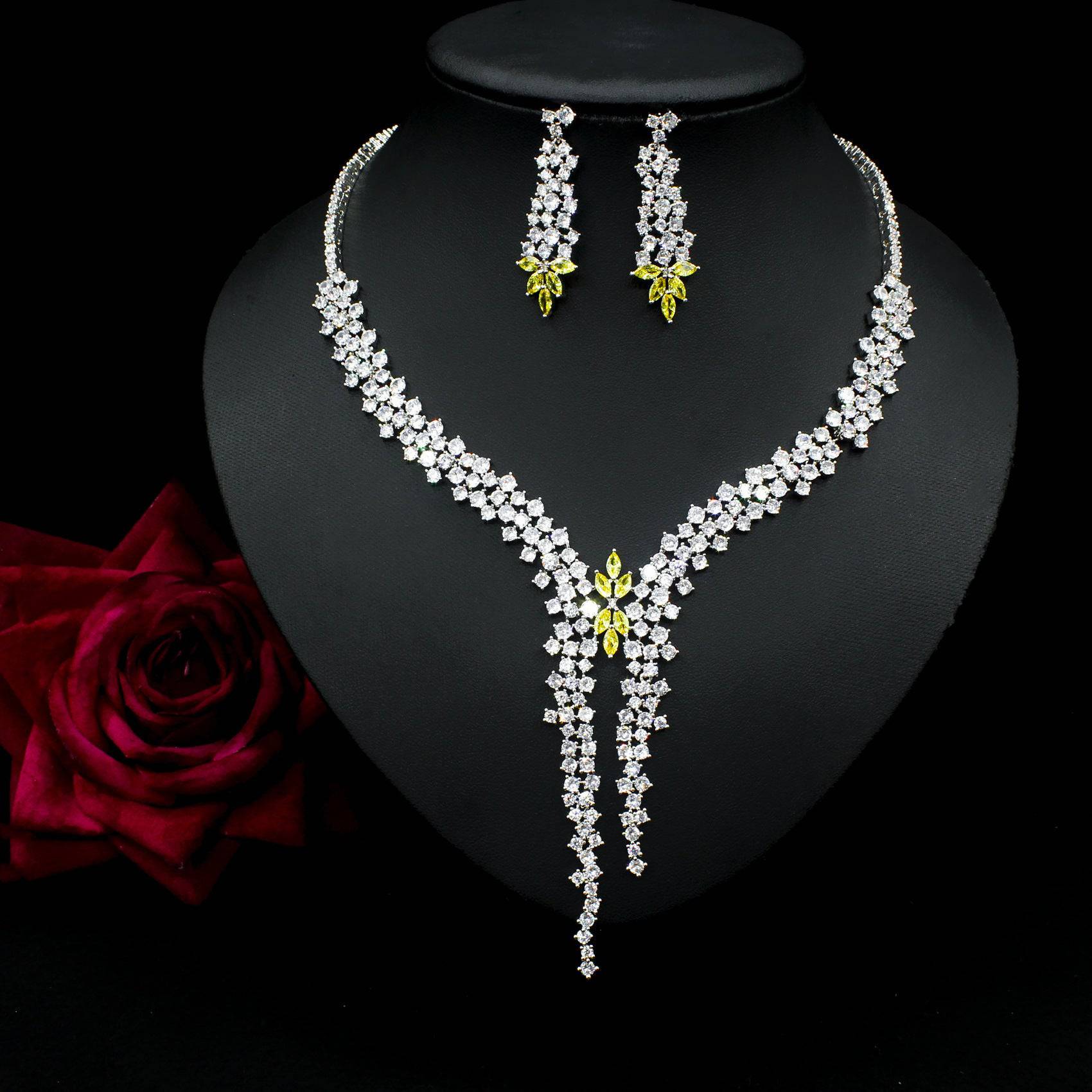 Exquisite Zircon Inlaid Necklace & Earrings Set – Dazzling Jewelry for Special Occasions - All Inclusive Family Treasures