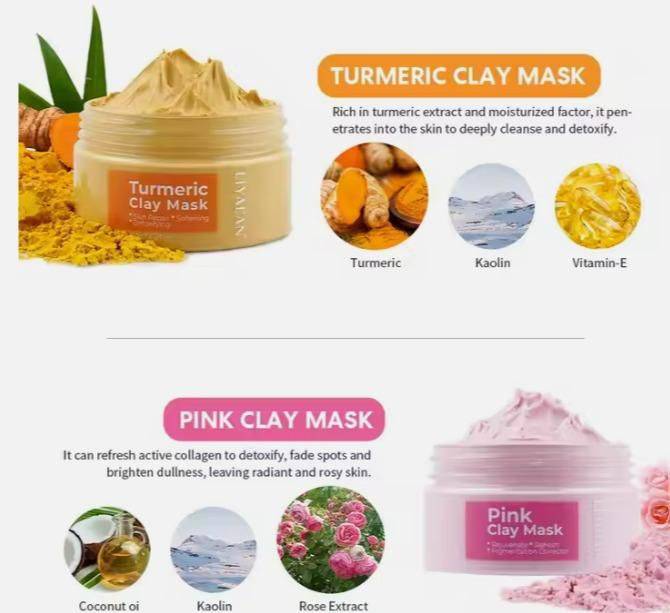 Glow Quartet: Pink, Turmeric, Activated Charcoal & Green Matcha Face Clay Mask Set (Pack of 4, 50g Each) - All Inclusive Family Treasures