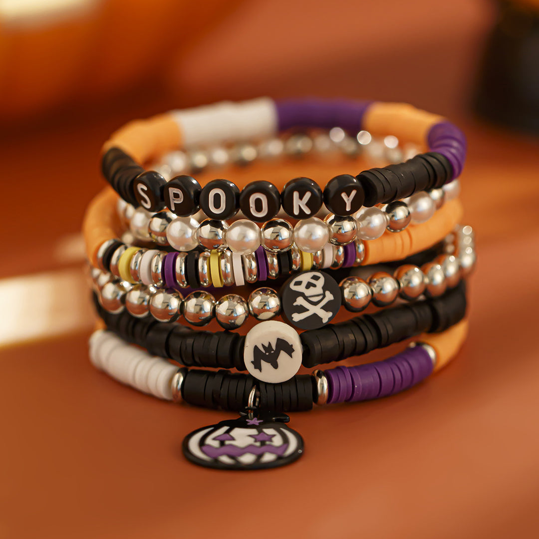Halloween BOO & Spooky Bead Bracelet Set – 6-Piece Festive Stack
