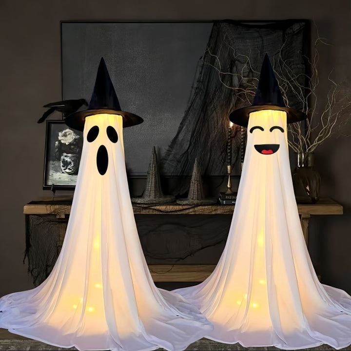Glowing Ghost with Witch Hat – Spooky Halloween Yard & Porch Decoration