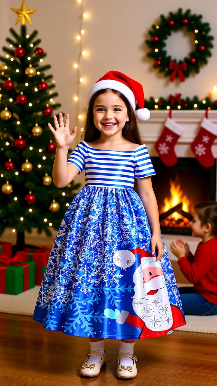 Santa Claus Print Long Dress for Girls - Holiday Charm in Every Detail