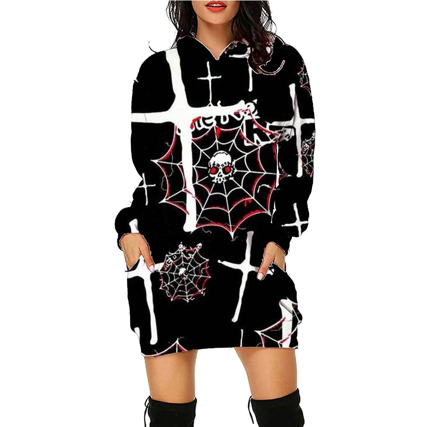 Halloween Print Long Hoodie with Pockets | Cozy Women's Sweater for Spooky Season - All Inclusive Family Treasures