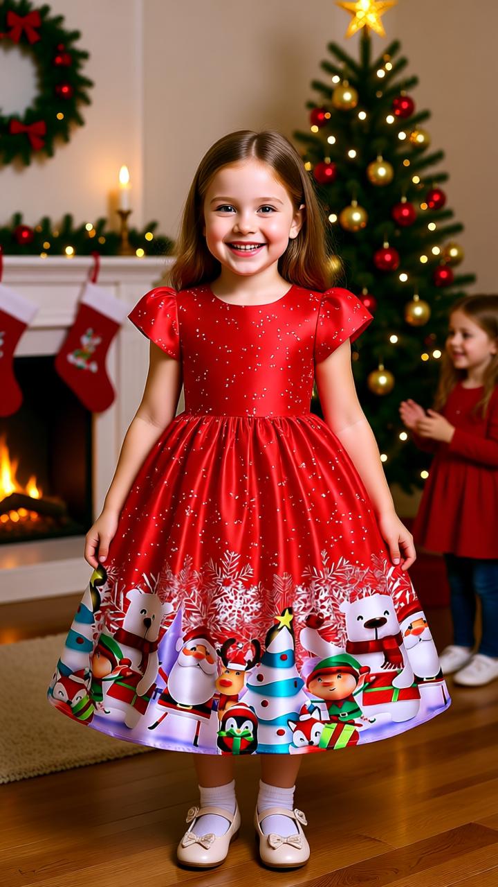 Santa Claus Print Long Dress for Girls - Holiday Charm in Every Detail