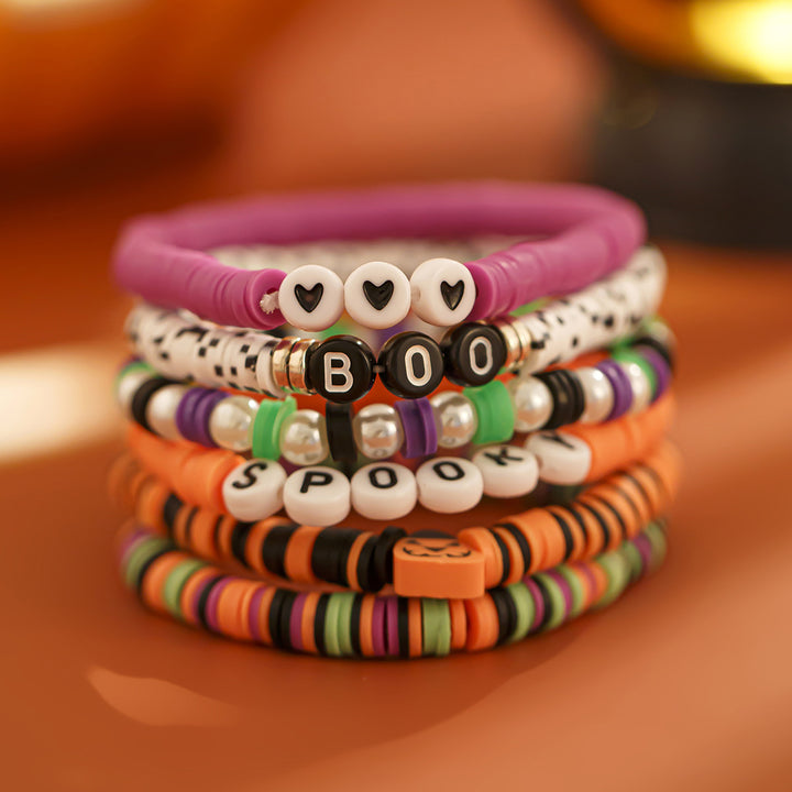 Halloween BOO & Spooky Bead Bracelet Set – 6-Piece Festive Stack