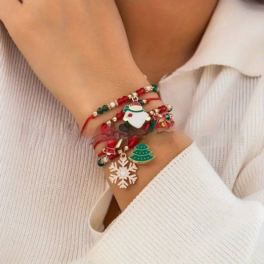 Festive Handmade Christmas Charm Bracelet Set – Beaded Holiday Joy with Snowman & Christmas Tree Charms - All Inclusive Family Treasures