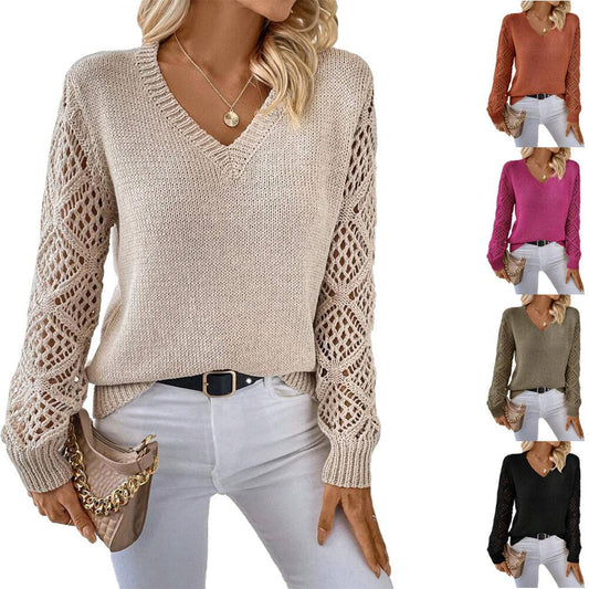 Elegant V-Neck Pullover Sweater – Hollow Long Sleeve Fashion Top for Women - All Inclusive Family Treasures