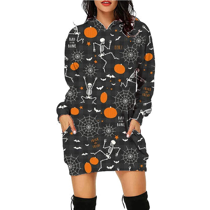 Halloween Print Long Hoodie with Pockets | Cozy Women's Sweater for Spooky Season - All Inclusive Family Treasures