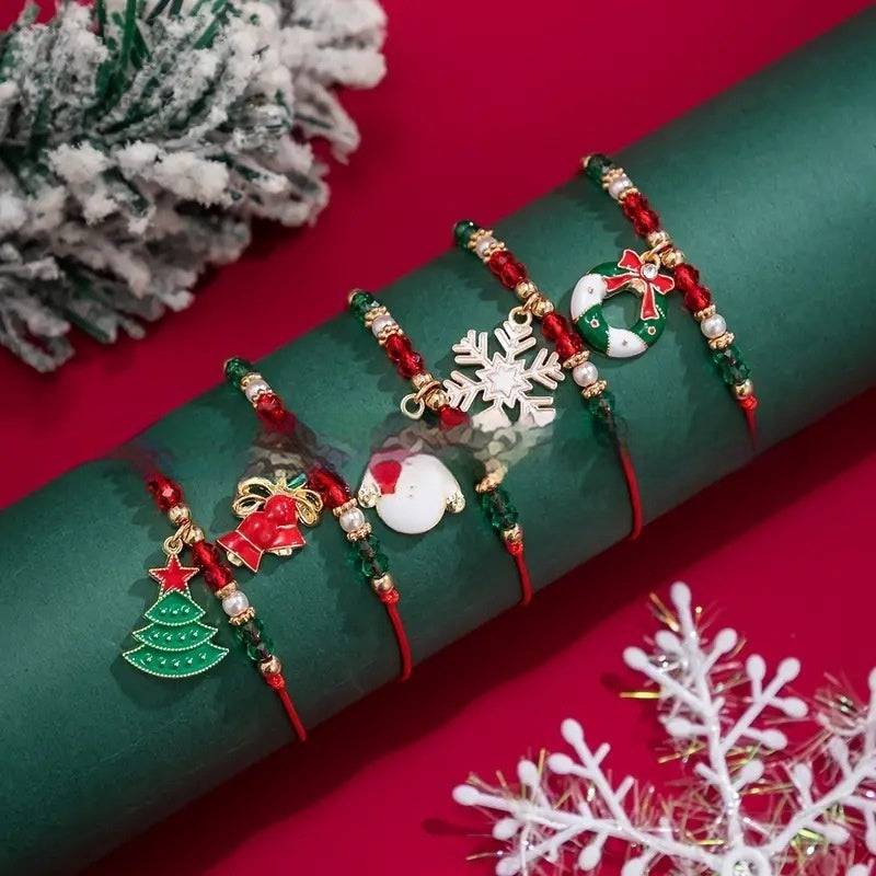 Festive Handmade Christmas Charm Bracelet Set – Beaded Holiday Joy with Snowman & Christmas Tree Charms - All Inclusive Family Treasures