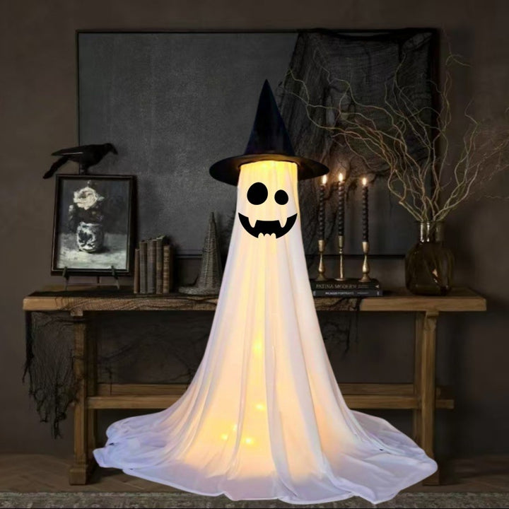 Glowing Ghost with Witch Hat – Spooky Halloween Yard & Porch Decoration