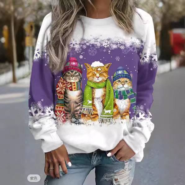 Cross-border Women's Christmas New Snowman And Cat Printed Long Sleeve Casual Loose-fitting T-shirt - All Inclusive Family Treasures