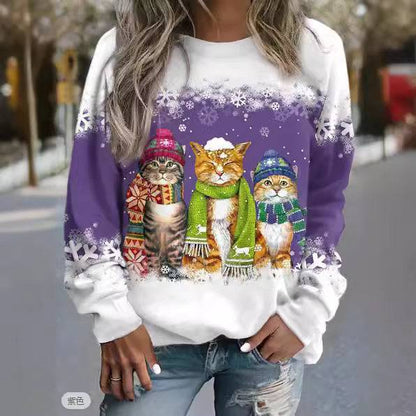 Cross-border Women's Christmas New Snowman And Cat Printed Long Sleeve Casual Loose-fitting T-shirt - All Inclusive Family Treasures