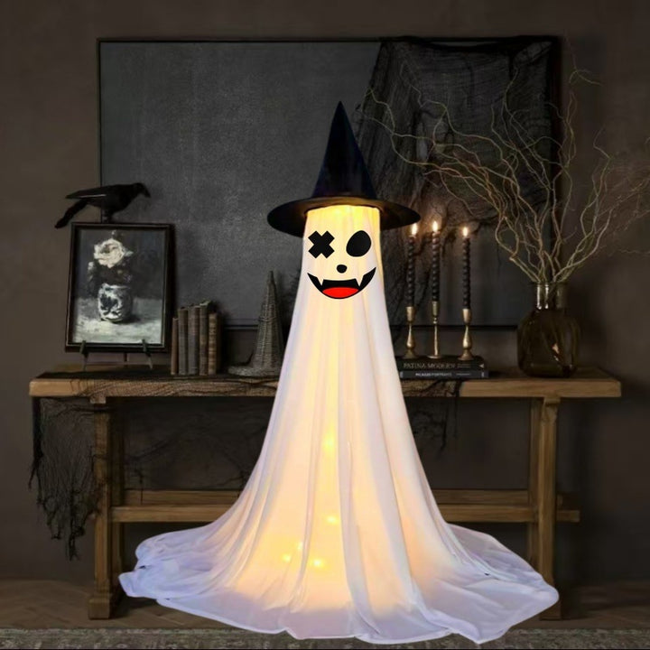 Glowing Ghost with Witch Hat – Spooky Halloween Yard & Porch Decoration