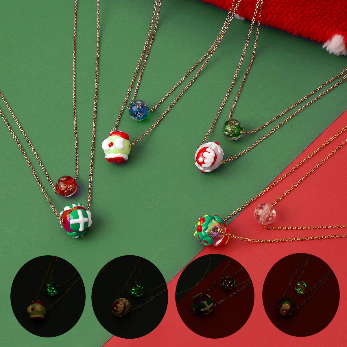 Christmas Luminous Necklace Fashion Niche Christmas Tree Santa Claus Round Bead Double-layer Necklace For Women Jewelry - All Inclusive Family Treasures