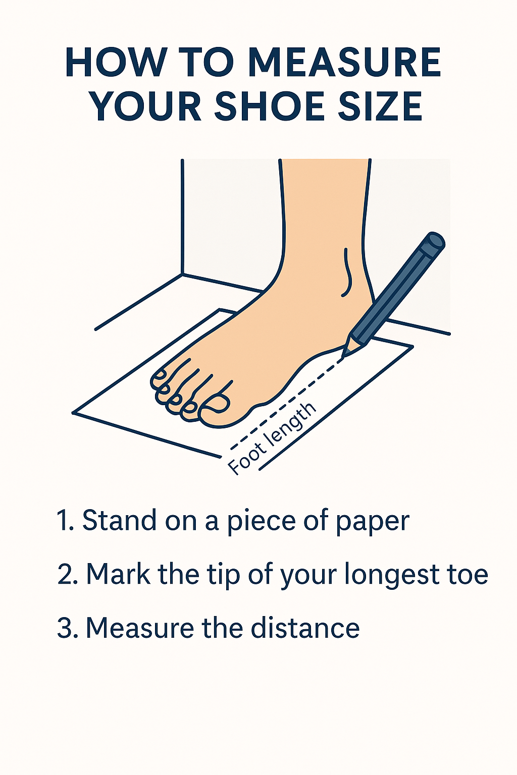 Illustration showing how to measure shoe size with text instructions.