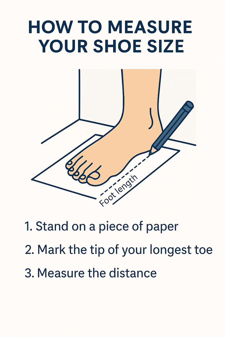 Illustration showing how to measure shoe size with text instructions.