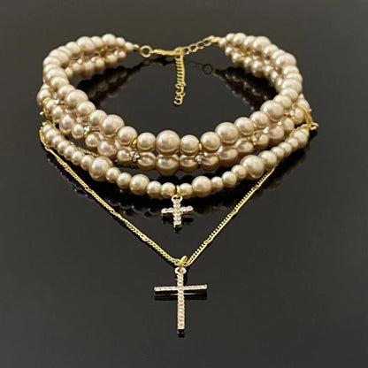 Timeless Elegance: The Multi-Layer Pearl Cross Necklace