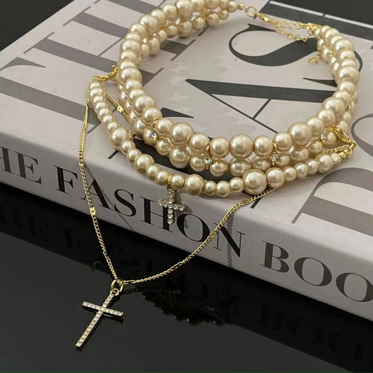 Timeless Elegance: The Multi-Layer Pearl Cross Necklace