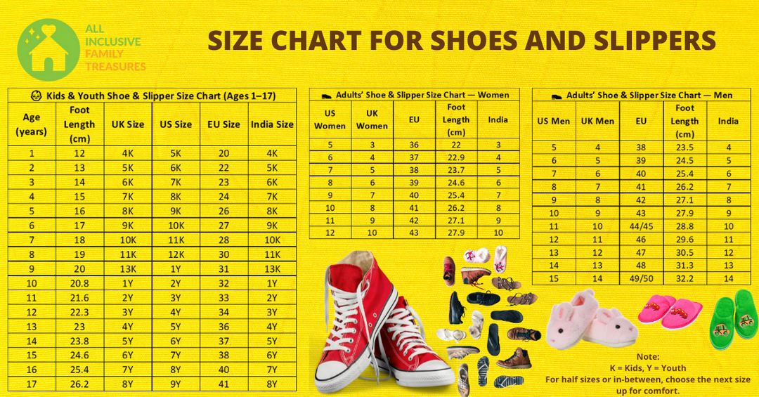 Size chart for shoes and slippers with various shoe illustrations on a yellow background