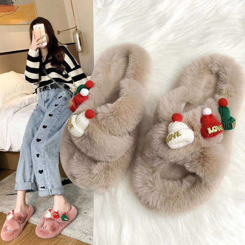 Christmas Fluffy Slippers for Women – Cozy Holiday-Themed Indoor Slippers with Cute Hat Charms - All Inclusive Family Treasures